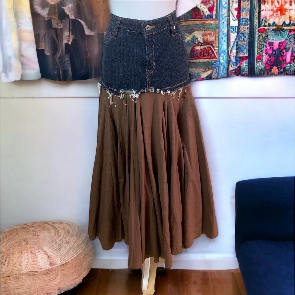 Levi's Jeans Upcycled Denim with Brown Cotton Skirt Size 12 Boho Rodeo Festival